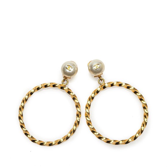 Chanel Coco Mark Hoop Earrings, Gold Plated with Faux Pearls, Women's, CHANEL - Picture 1 of 4